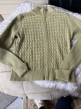 Cable-Knit Zip Cardigan Sweater - Sage Green